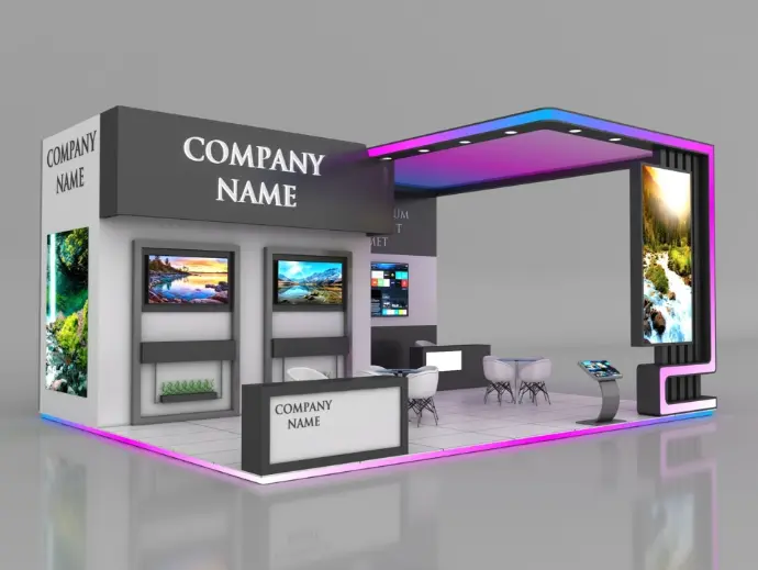 Custom exhibition stand design with modern double-deck structure in Dubai